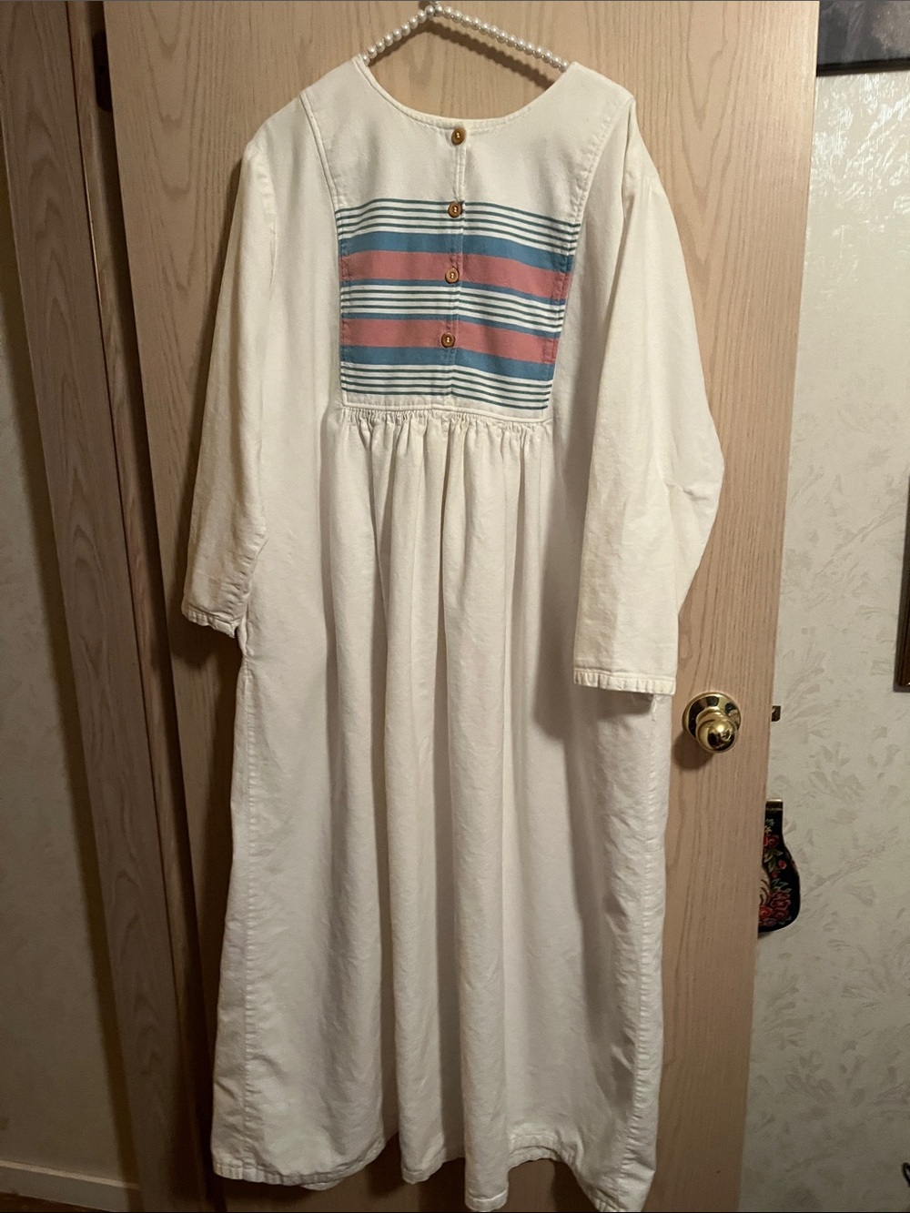 Flannel Cream Long-Sleeve woman's Nightie with Pink and Blue Stripe’s
